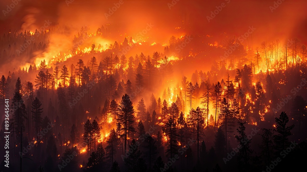 Dramatic scene of a forest burning due to wildfire illustrating the impact of environmental crisis Dramatic scene of a forest burning due to wildfire illustrating the impact of environmental crisis