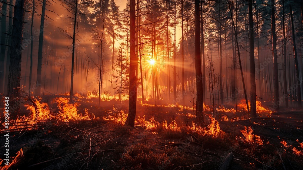 Dramatic scene of a forest burning due to wildfire illustrating the impact of environmental crisis Dramatic scene of a forest burning due to wildfire illustrating the impact of environmental crisis