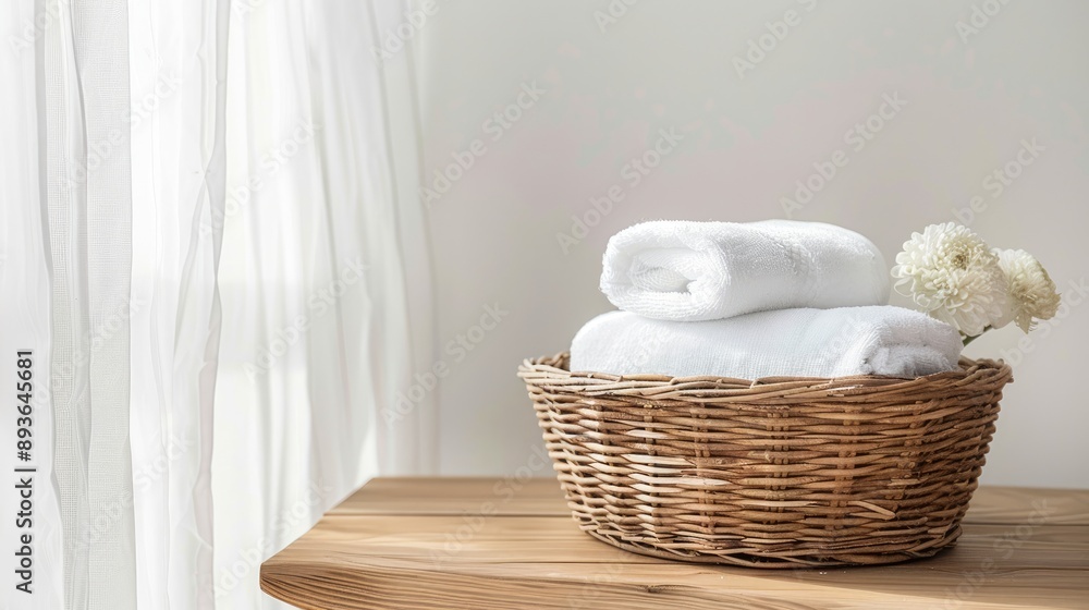 Bathroom table with wicker basket and white towels, text space available Bathroom table with wicker basket and white towels, text space available