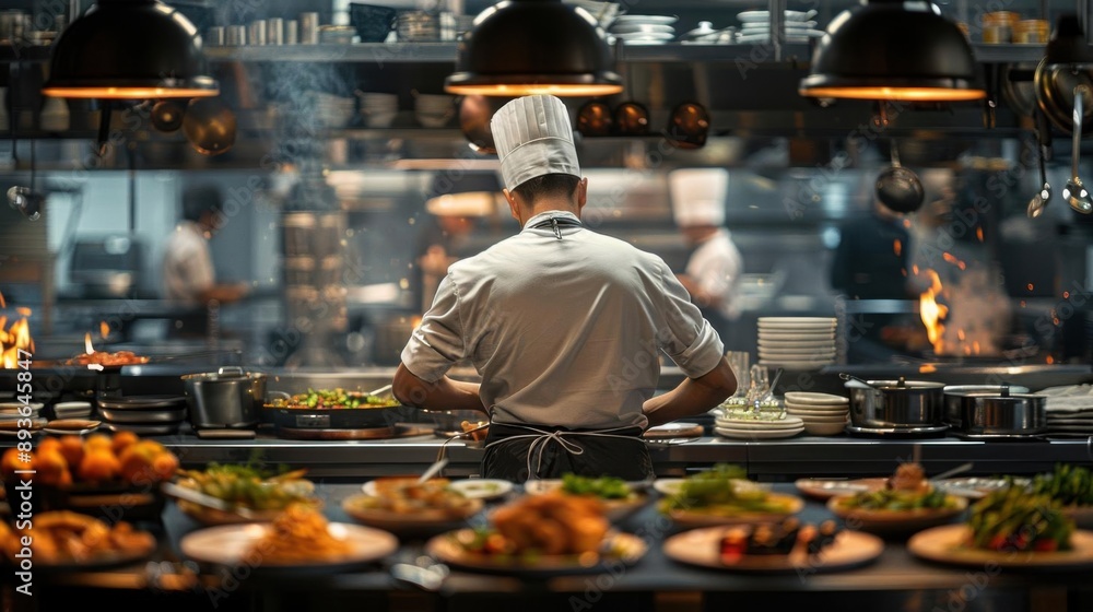 Obraz premium A chef preparing delicious gourmet dishes in a well-lit kitchen, showcasing culinary skill and creativity with vibrant ingredients.