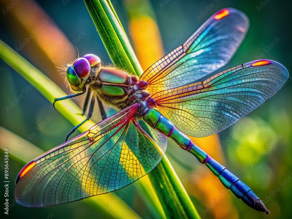Vibrant iridescent wings and delicate body of a solitary dragonfly are captured in stunning detail against a blurred natural green background. Vibrant iridescent wings and delicate body of a solitary dragonfly are captured in stunning detail against a blurred natural green background.