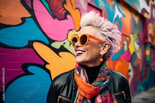 Wallpaper Mural Portrait of a glad woman in her 50s wearing a trendy sunglasses while standing against colorful graffiti wall Torontodigital.ca