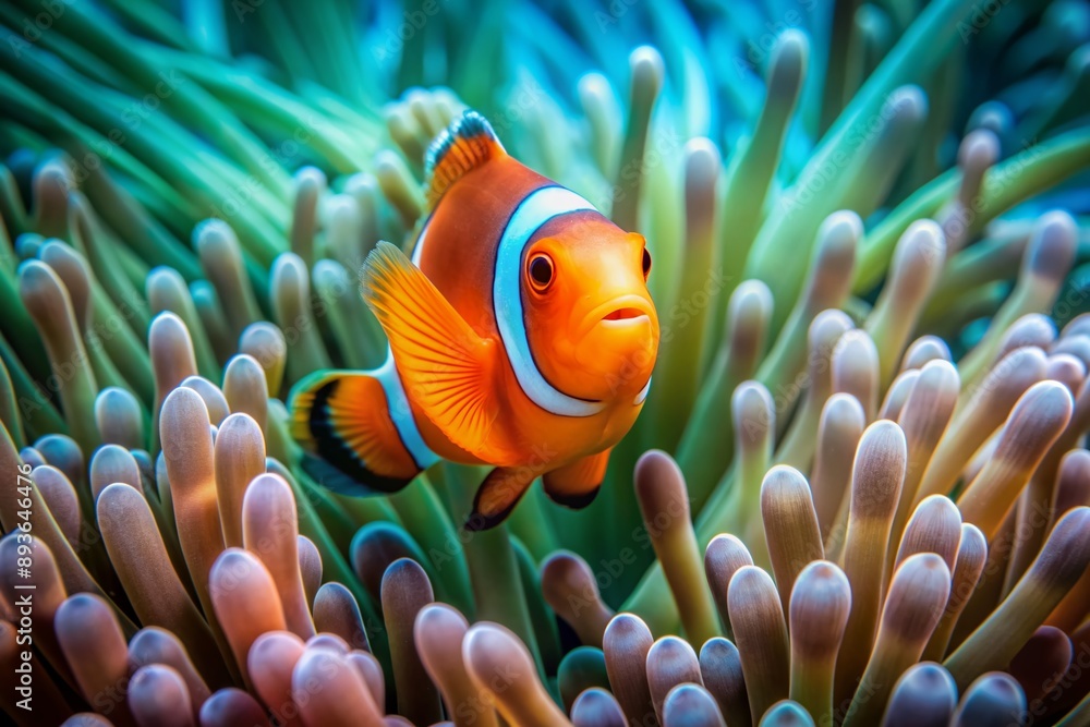 Φωτογραφία Vibrant orange clown fish swims amidst wavy tentacles of a majestic anemone in crystal clear turquoise water, showcasing nature's beauty in stunning 4K ultra definition