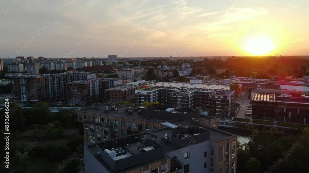 European beautiful city modern residential complex area of the city Flight over shooting from a drone Wroclaw Poland European beautiful city modern residential complex area of the city Flight over shooting from a drone Wroclaw Poland