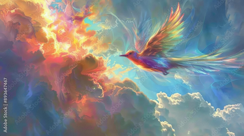 Heavenly bird with iridescent feathers gliding through a radiant sky Heavenly bird with iridescent feathers gliding through a radiant sky