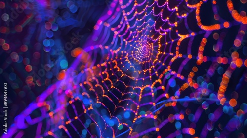 Intricate string web with neon colors glowing under black light