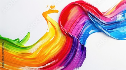 Dynamic swirl of brush paint ribbons in rainbow hues, creating an abstract wave on a white background.