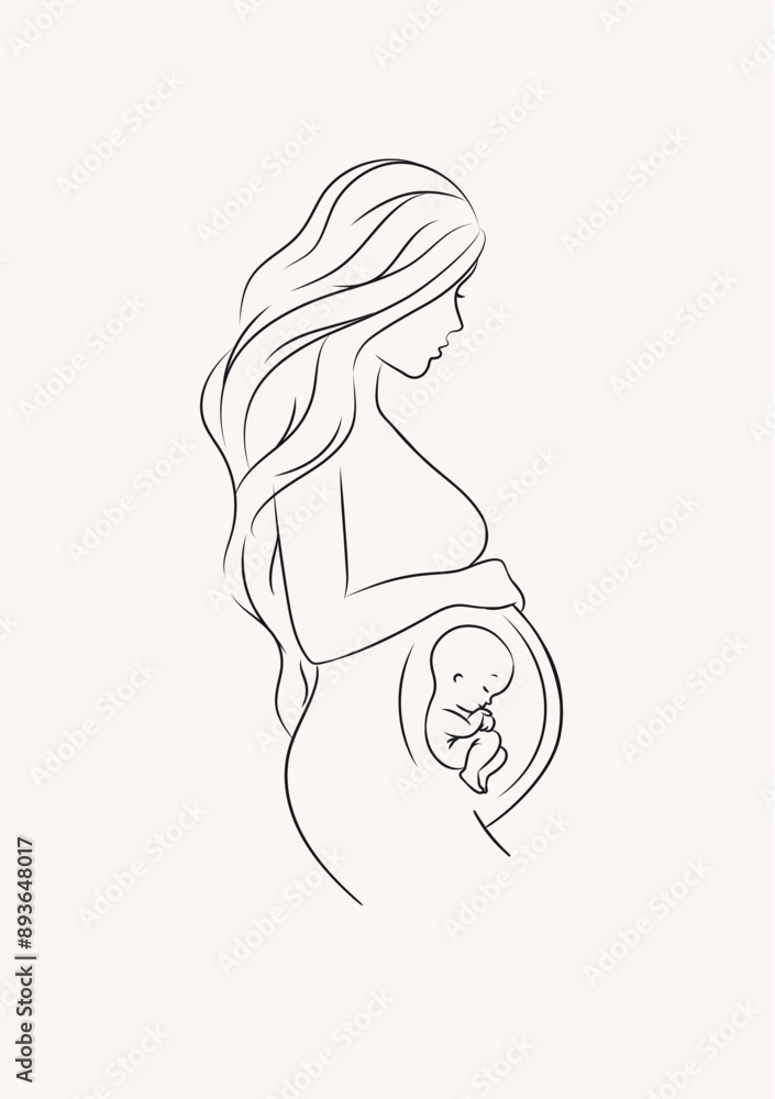 Pregnant woman with a baby drawing in linear style on light background