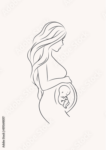 Obraz na płótnie Pregnant woman with a baby drawing in linear style on light background w salonie