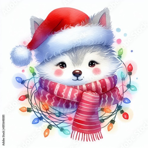 Cute cartoon wolf wearing a Santa hat and scarf with Christmas lights.