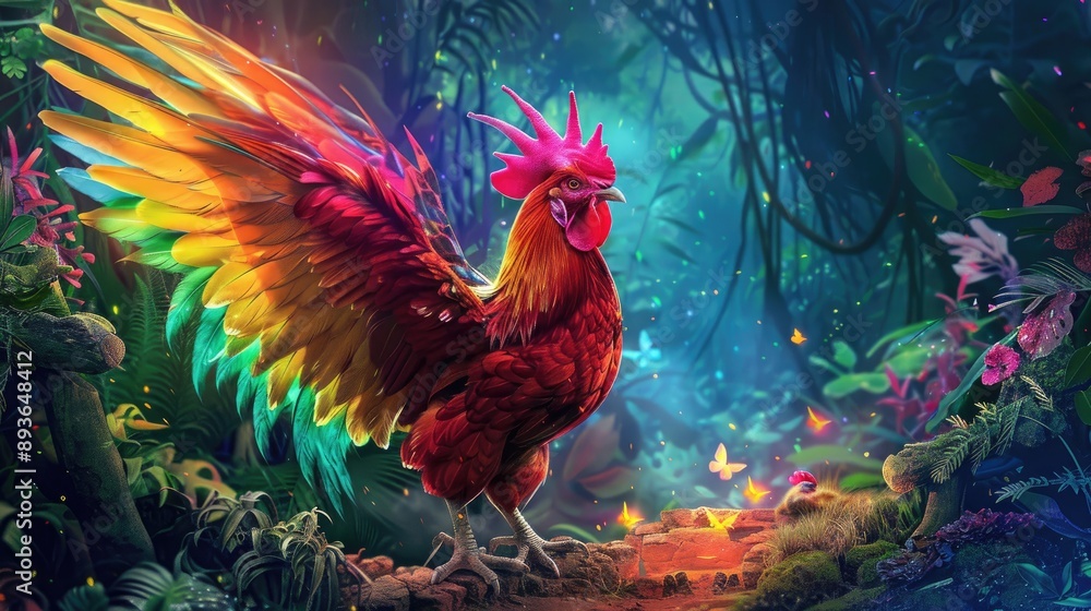 Fototapeta premium Spectacular chicken with neon wings in a magical, paradise forest