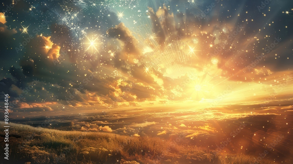 Star sunshine casting long rays of light over a serene, heavenly landscape Star sunshine casting long rays of light over a serene, heavenly landscape