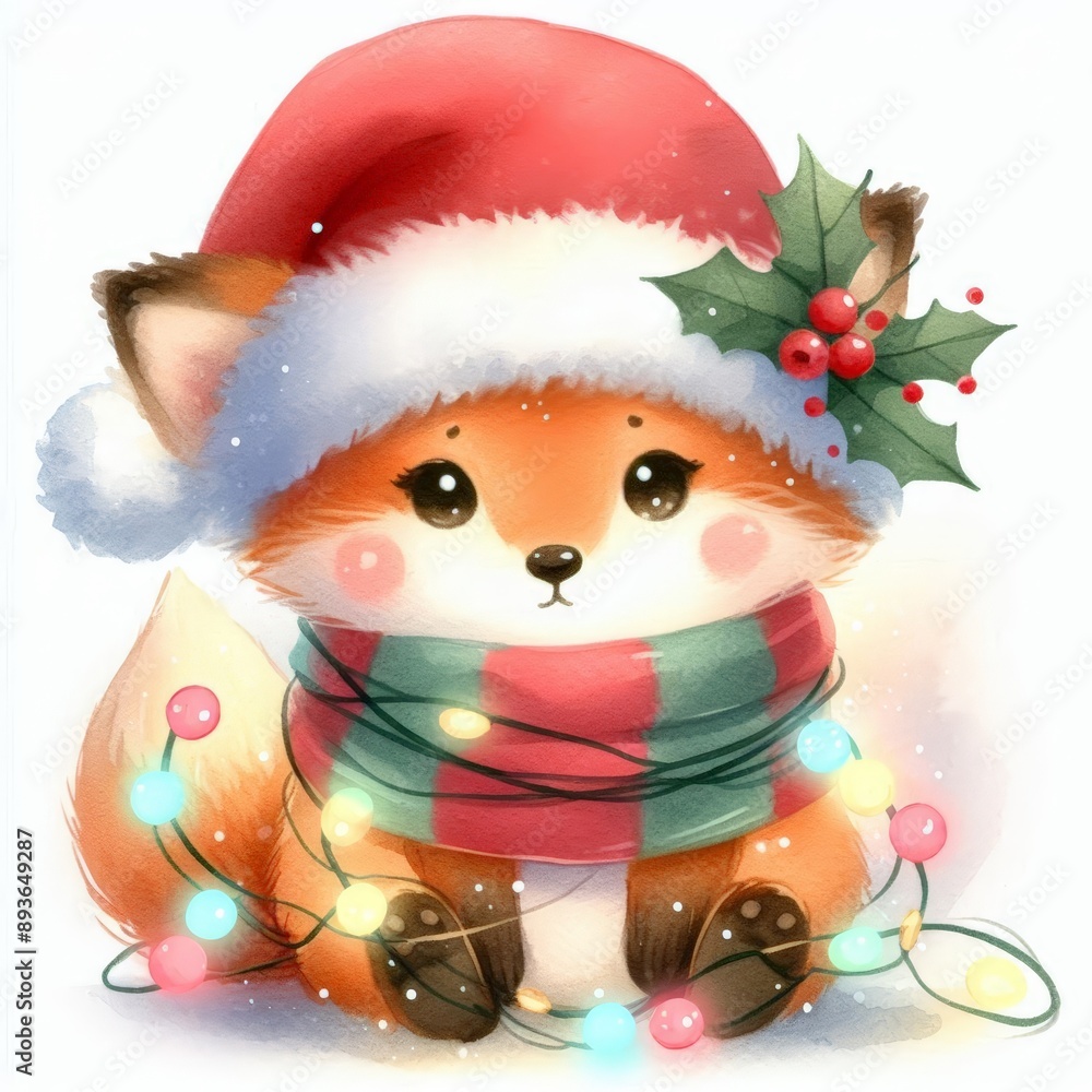 Cute fox wearing a Santa hat and scarf, surrounded by Christmas lights. Cute fox wearing a Santa hat and scarf, surrounded by Christmas lights.