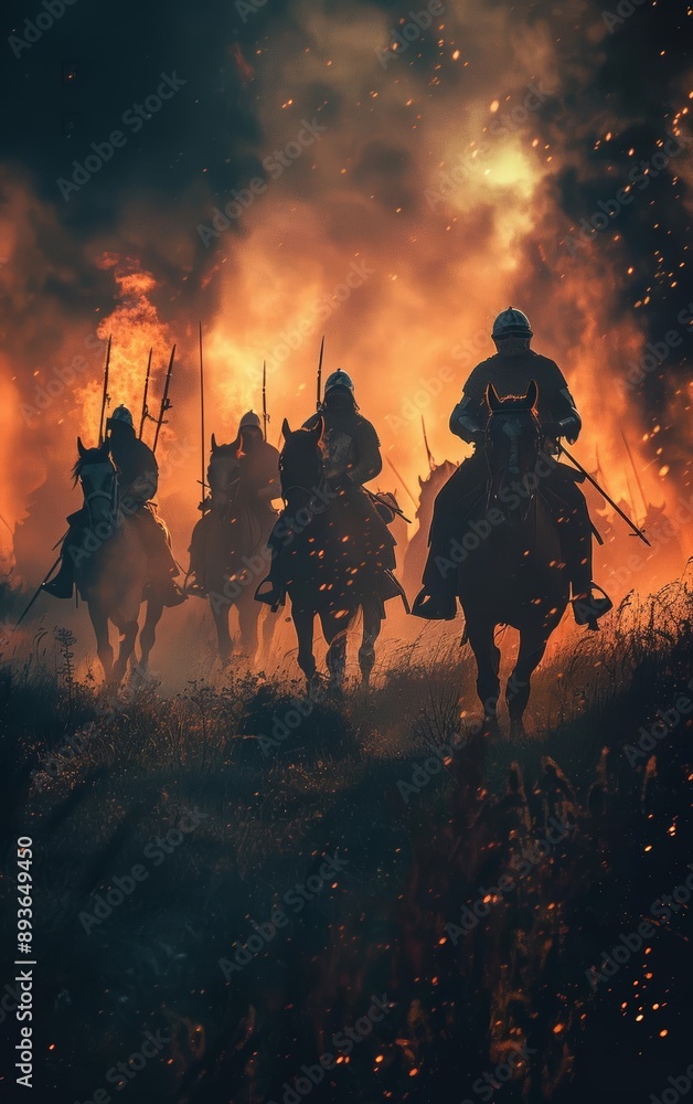 Fototapeta premium Knights Riding Horses Through Fiery Landscape Silhouettes