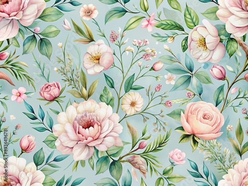 Delicate seamless watercolor floral pattern featuring soft pink blush flowers, lush green leaves, and twirling branches on a dreamy blue background for romantic designs.