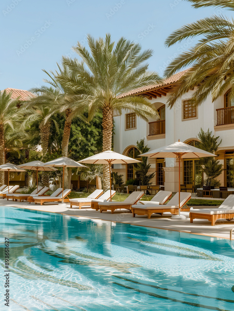 Luxury hotel poolside with palm trees and sun loungers Luxury hotel poolside with palm trees and sun loungers