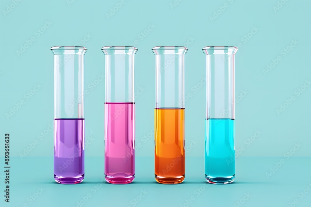 Four glass beakers filled with different colored liquids Four glass beakers filled with different colored liquids