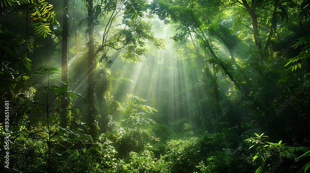 Fototapeta premium Sunbeams Filtering Through Lush Green Forest