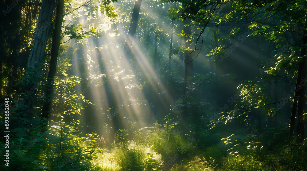 Obraz premium Sunbeams Filtering Through Lush Green Forest