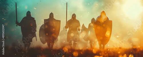 Double Exposure Silhouette of Knights with Shields in Vivid Shades