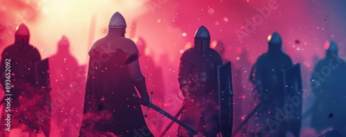 Double Exposure Silhouette of Knights with Shields in Vivid Shades
