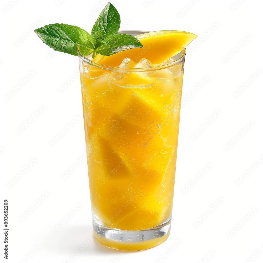 A tall glass filled with mango lemonade, ice, and a sprig of mint A tall glass filled with mango lemonade, ice, and a sprig of mint