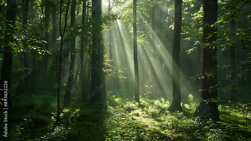 Naklejka premium Sunbeams Filtering Through Lush Green Forest