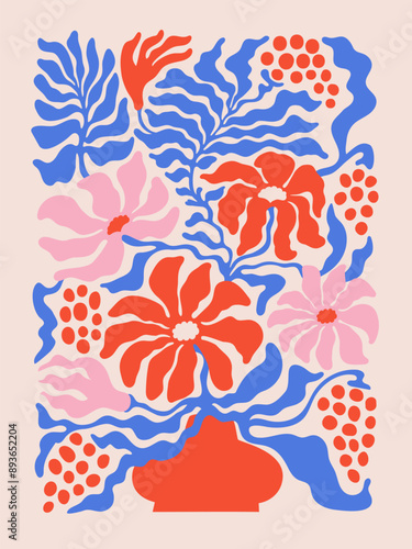 Floral Abstract contemporary poster. Colorful flowers in a red vase on a pink background