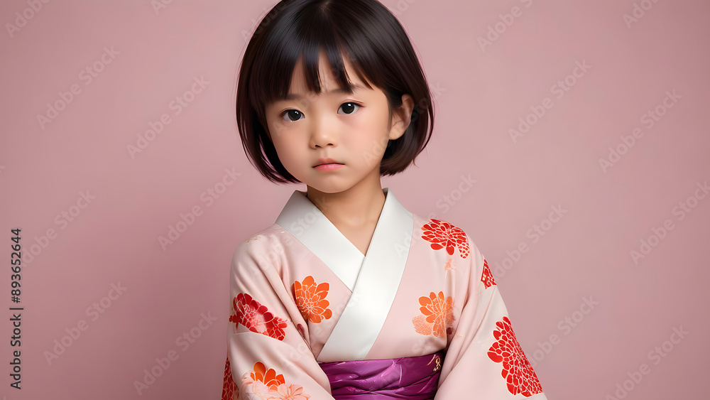 Young Japanese girl with short black hair wearing a colorful floral kimono Young Japanese girl with short black hair wearing a colorful floral kimono