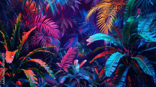 Dive into a vibrant, surreal jungle bursting with electric hues, perfect for projects needing a touch of fantasy and color. 