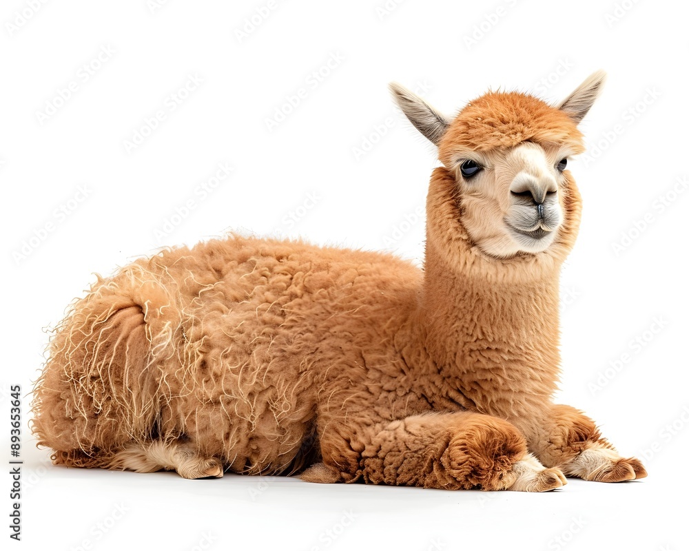 Fototapeta premium Calm and Serene Alpaca with Fluffy Wool Isolated on White Background