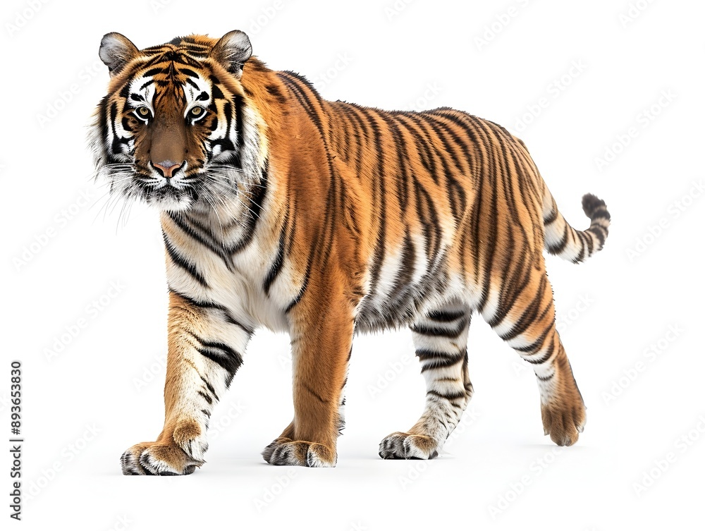 Majestic Siberian Tiger Walking with Purpose on White Background Majestic Siberian Tiger Walking with Purpose on White Background