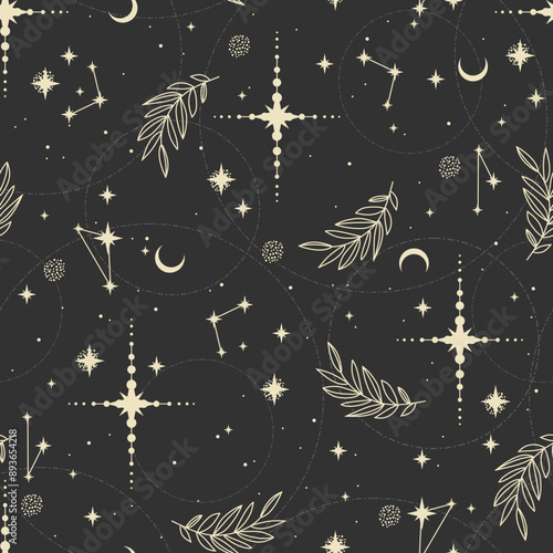Seamless vector pattern with plants, stars, crescent. Boho pattern for astrology, textiles, wrapping paper, design.