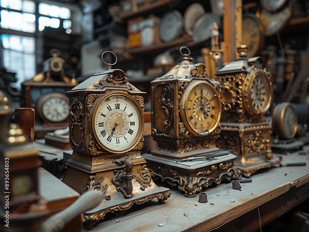 Ornate Antique Clocks Displayed on Dusty Workshop Table