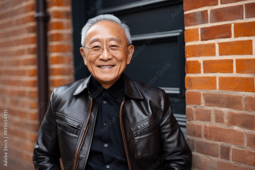 Portrait of a joyful asian elderly man in his 90s sporting a stylish leather blazer while standing against vintage brick wall Portrait of a joyful asian elderly man in his 90s sporting a stylish leather blazer while standing against vintage brick wall