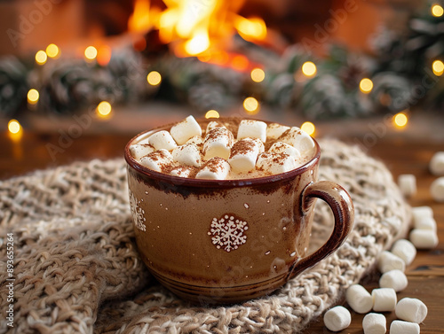 Cozy Winter Hot Chocolate With Marshmallows by the Fireplace