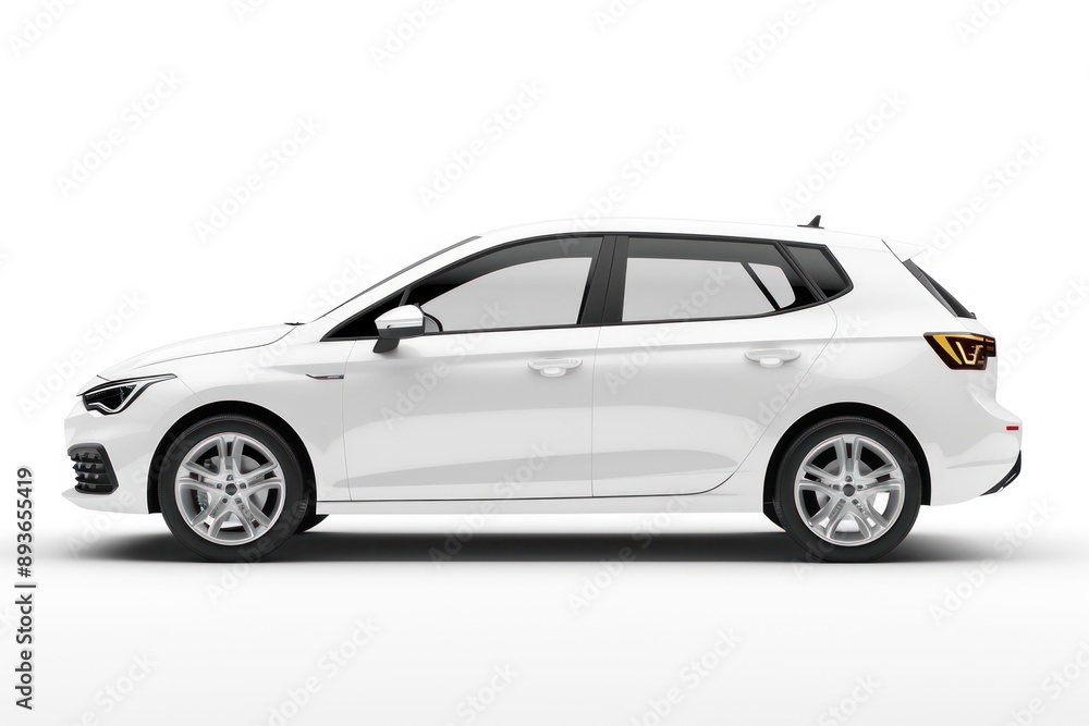 Side view of white mockup hatchback car is isolated on white background Side view of white mockup hatchback car is isolated on white background