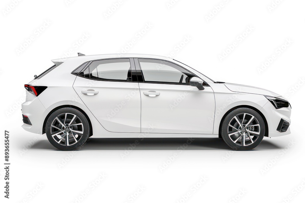 Side view of white mockup hatchback car is isolated on white background Side view of white mockup hatchback car is isolated on white background