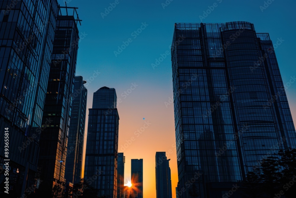 Obraz premium Silhouette of skyscrapers to sunset