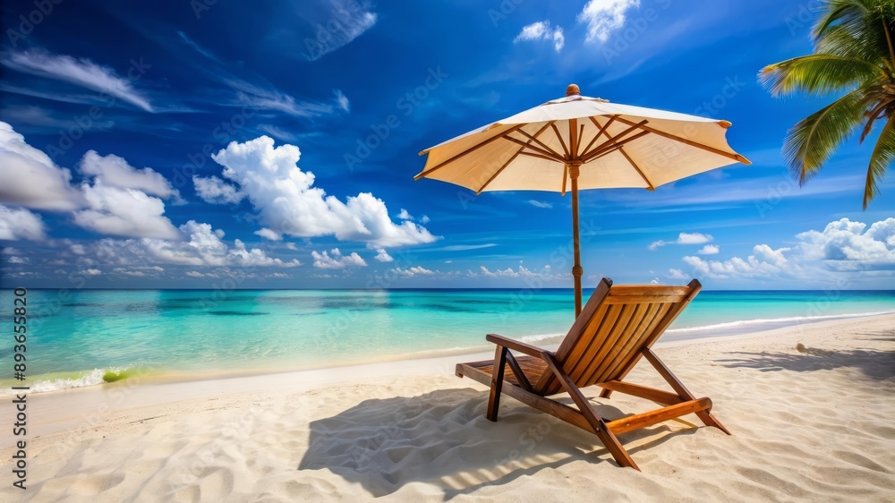 Relaxing Beach Chair with Umbrella and Palm Tree. Relaxing Beach Chair with Umbrella and Palm Tree.