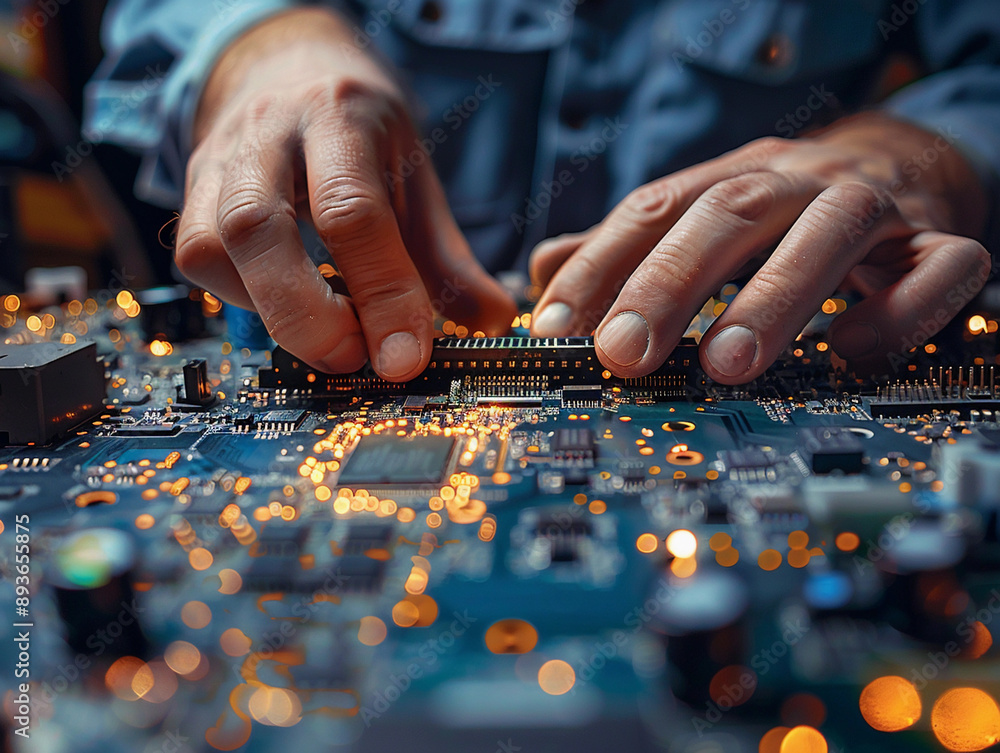 Closeup of Hands Installing a Component on a Circuit Board Closeup of Hands Installing a Component on a Circuit Board