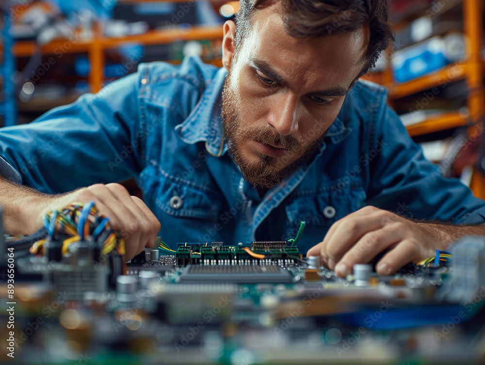 Man Carefully Inspecting Electronic Circuit Board in Workshop Man Carefully Inspecting Electronic Circuit Board in Workshop