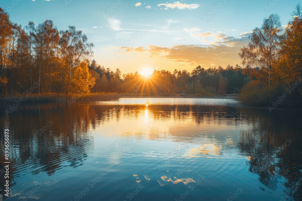 Serene lake reflecting picturesque sunset symbolizing harmony and tranquility in natures beauty Serene lake reflecting picturesque sunset symbolizing harmony and tranquility in natures beauty