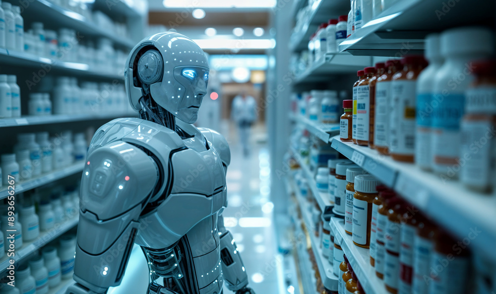 white humanoid robot in a pharmacy near shelf of vitamin/ pill bottles , advertising banner with copy space, white humanoid robot in a pharmacy near shelf of vitamin/ pill bottles , advertising banner with copy space,