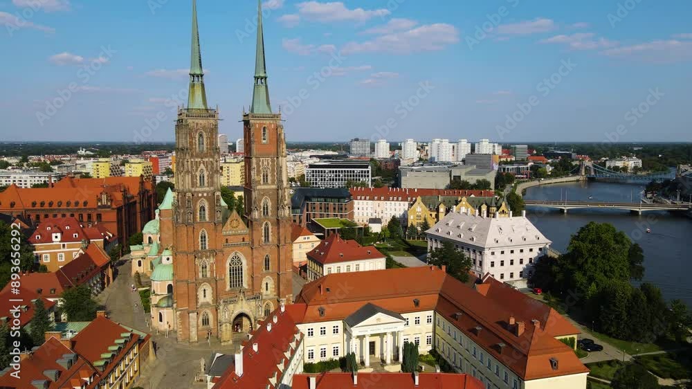 European beautiful city ancient architecture Flight over shooting from a drone Wroclaw Poland European beautiful city ancient architecture Flight over shooting from a drone Wroclaw Poland
