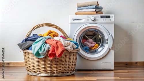 Laundry day A wicker basket full of clothes next to a washing machine.