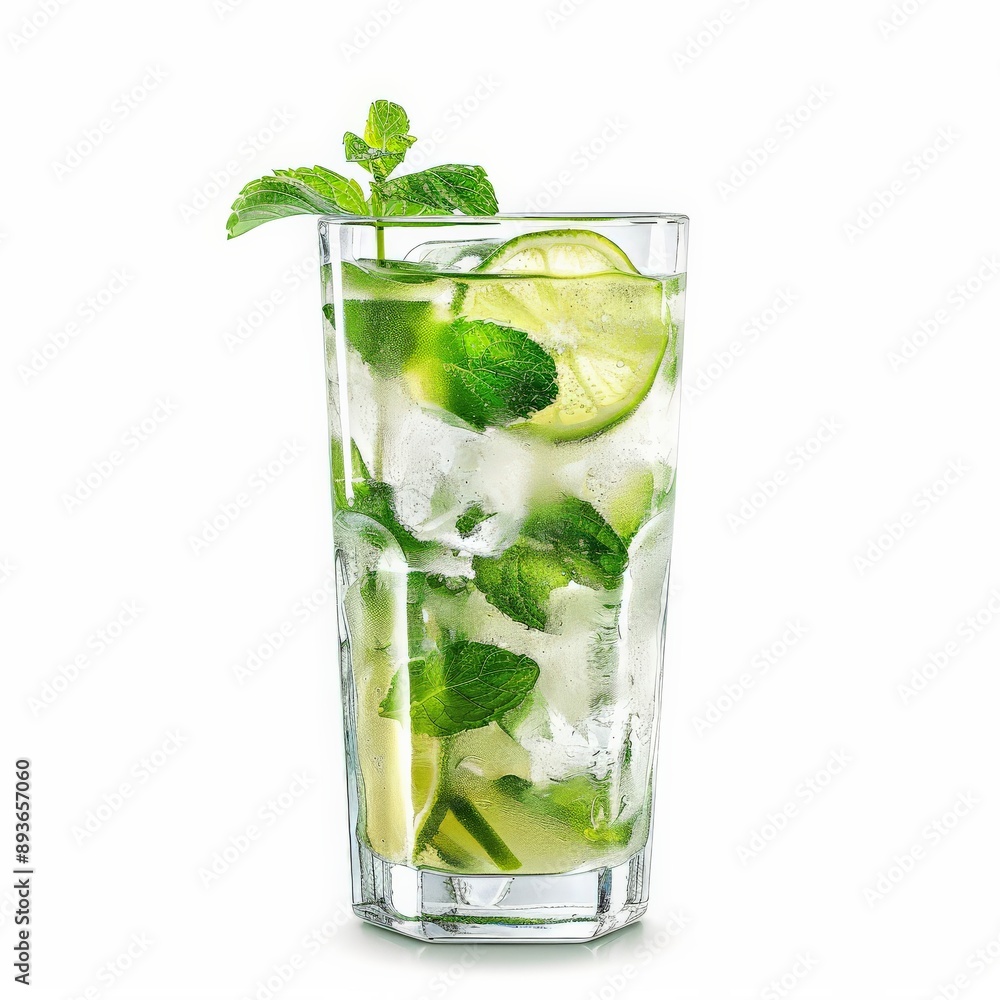 A tall glass filled with a refreshing virgin mojito, garnished with lime and mint A tall glass filled with a refreshing virgin mojito, garnished with lime and mint