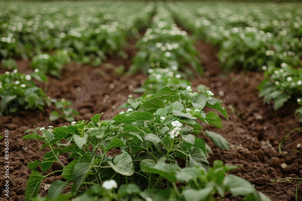 Obraz premium Field of blooming potato plants, showcasing lush green leaves and delicate white flowers, with a rich, earthy background