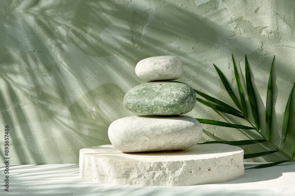 Fototapeta premium stone display flat lay podium on green background and palm shadow. Product promotion Beauty cosmetic