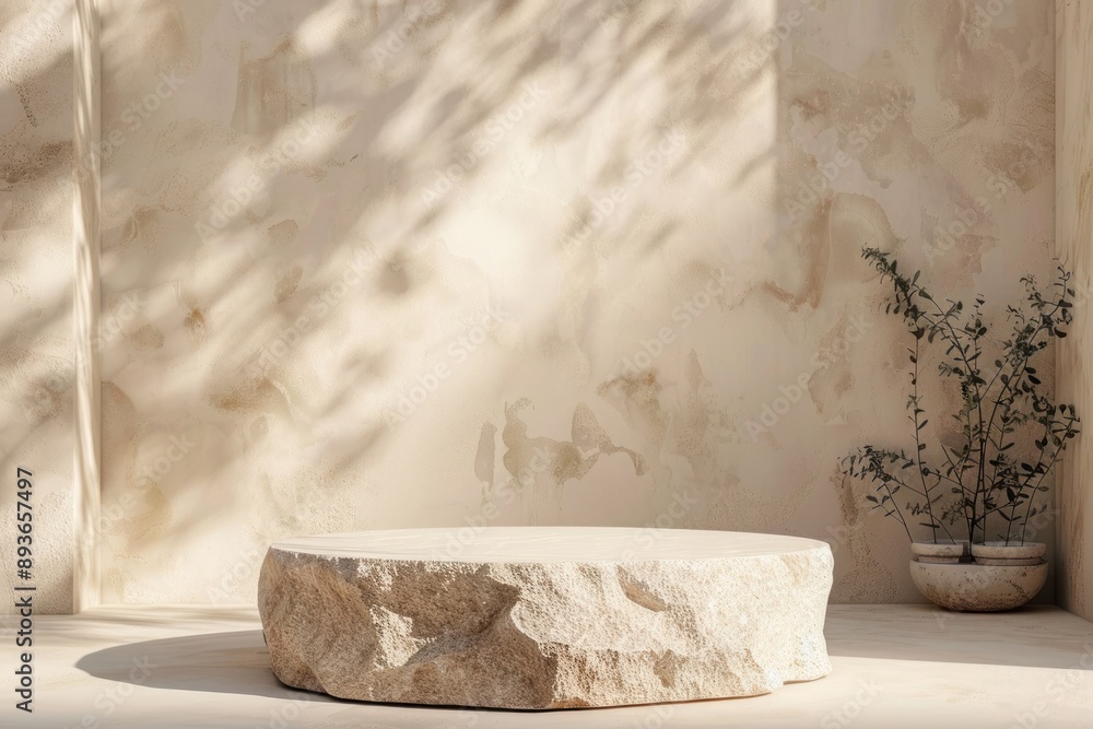 stone display flat lay podium on green background and palm shadow. Product promotion Beauty cosmetic stone display flat lay podium on green background and palm shadow. Product promotion Beauty cosmetic
